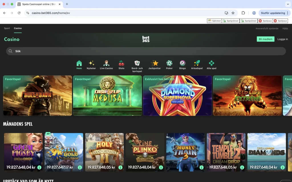 Bet365 startsida med sport och casino – skattefria vinster