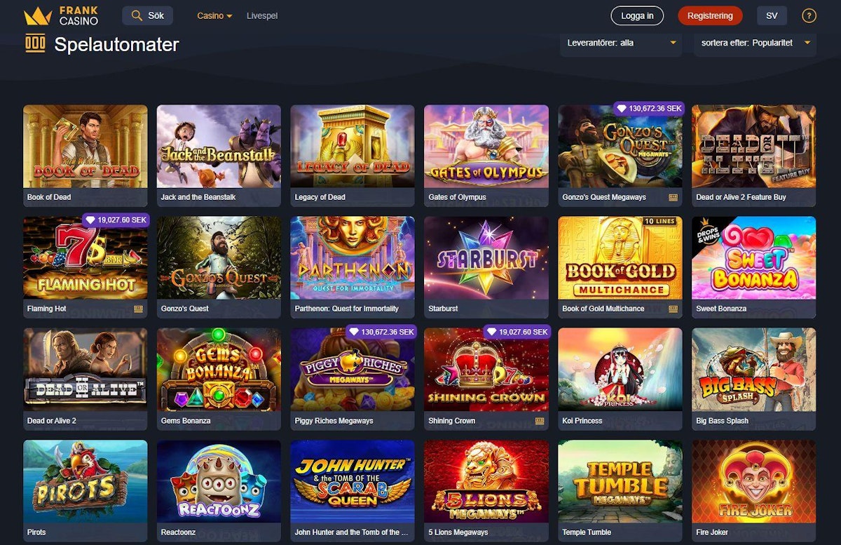 Frank Casino recension – skärmbild från casinots sajt