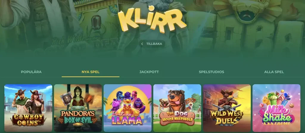 Klirr Casino gränssnitt utan bonuspopup