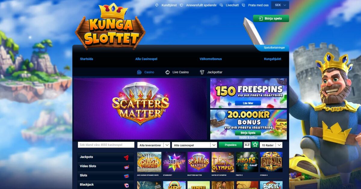 Kungaslottet Casino slottsinspirerad startsida med välkomstbonus