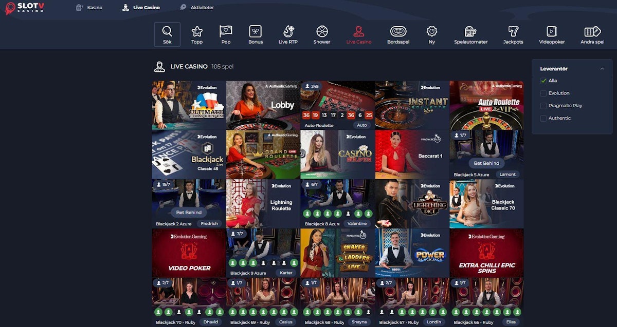 SlotV Casino – skärmbild från casinots sajt