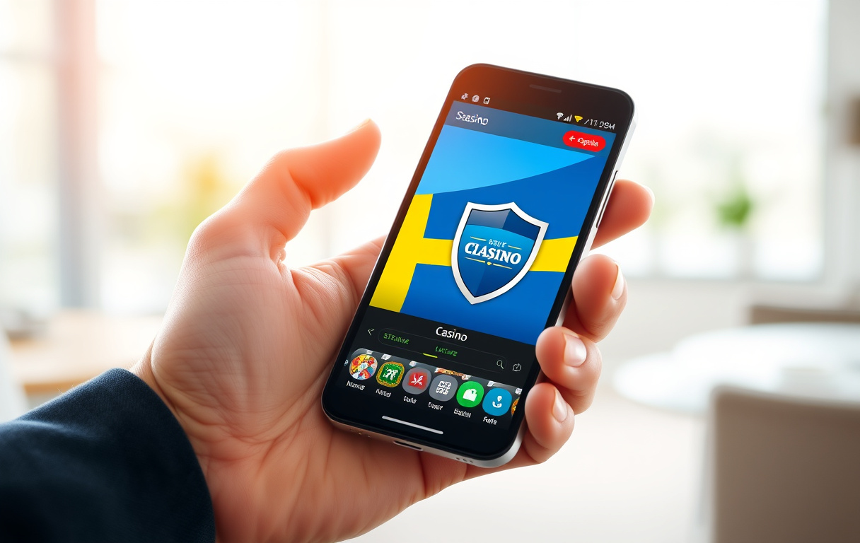 Smartphone med casinospel och svensk licenssymbol