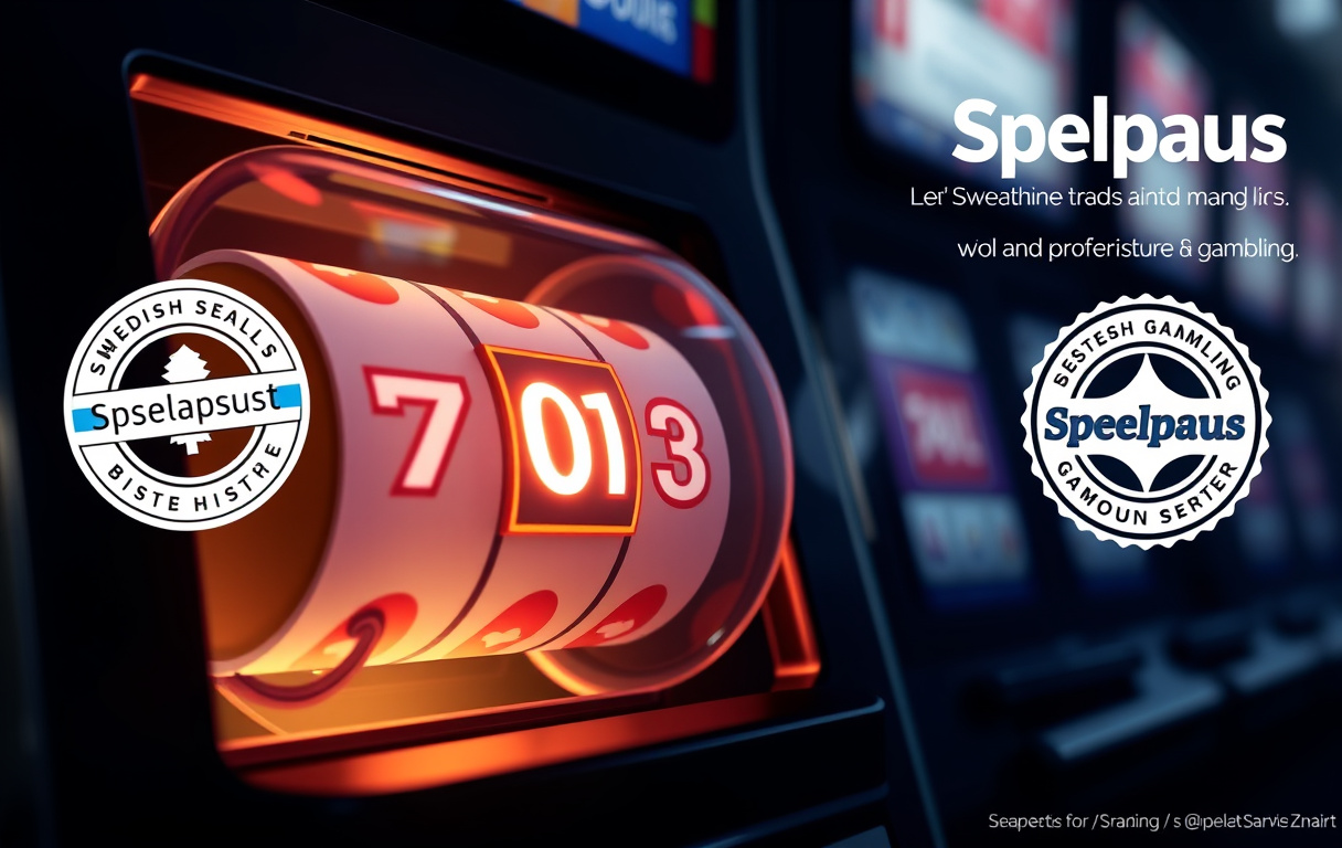 Illustration av en slotmaskin med genomskinlig kåpa som visar en RNG-krets, omgiven av svenska myndighetsstämplar och Spelpaus-logotyp, i fotorealistisk stil.
