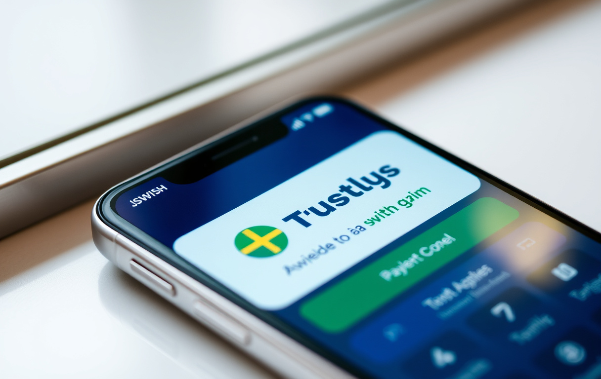 Smartphone med betalningsgränssnitt för Trustly och Swish på svenskt casino.