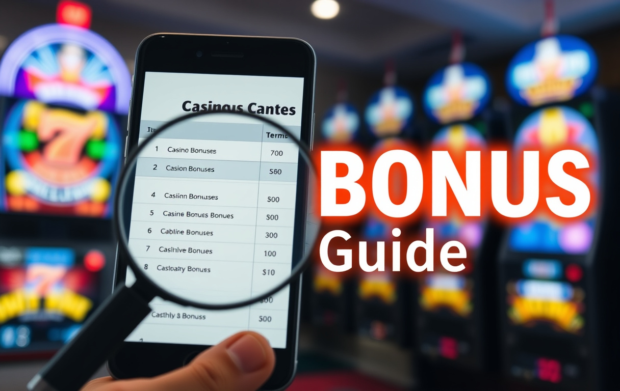 Smartphone som visar en jämförelse av casinobonusar med förstoringsglas över villkoren, slotmaskiner i bakgrunden och texten 'Bonus Guide'.