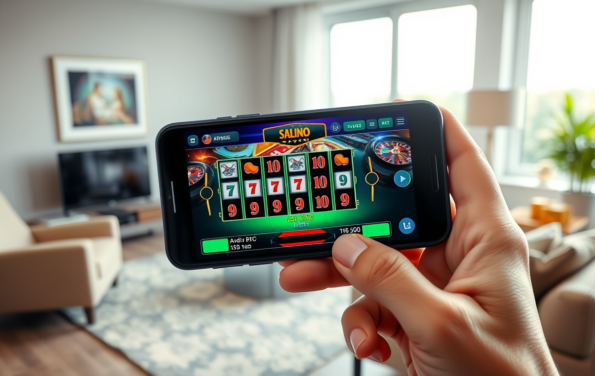 Mobiltelefon med casinoapp som visar slots och roulette.