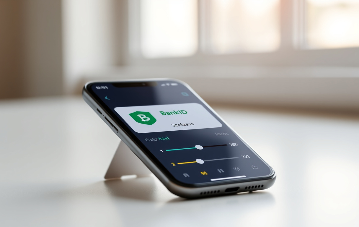Smartphone display med BankID, Spelpaus och insättningsgräns – en trygg casinoöversikt.