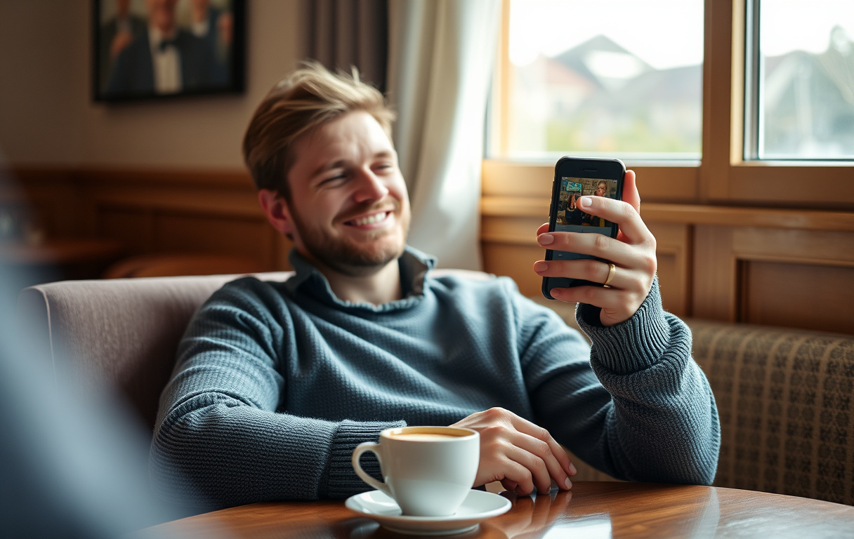 Person som vinner på casino via mobilen i ett vardagsrum.