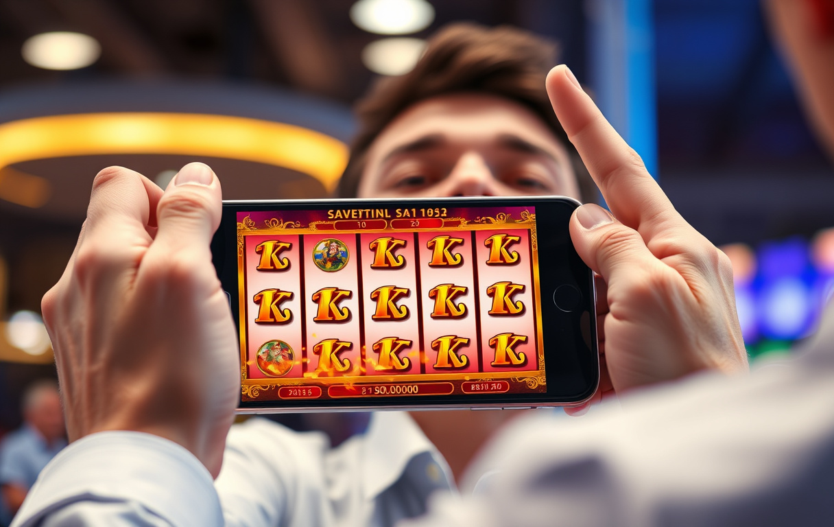 Person som firar en casinovinst på en mobilskärm med slotmaskin och svenska kronor-symboler.