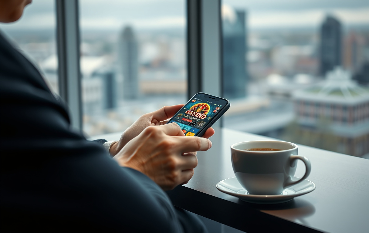 Person som spelar casinospel på mobilen vid ett skrivbord, med svensk stadsbild i bakgrunden.