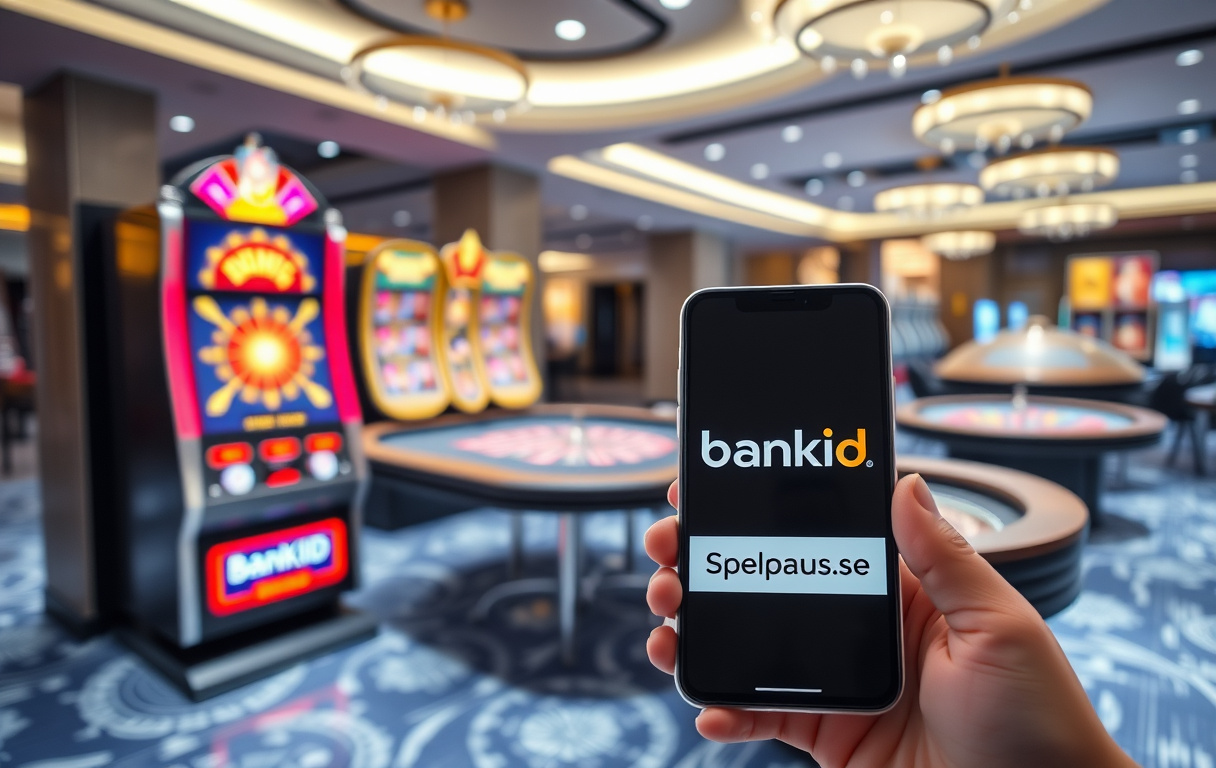 En fotorealistisk bild av en casinomiljö med en spelautomat, blackjackbord och roulettehjul, samt en mobiltelefon som visar BankID och Spelpaus.se.
