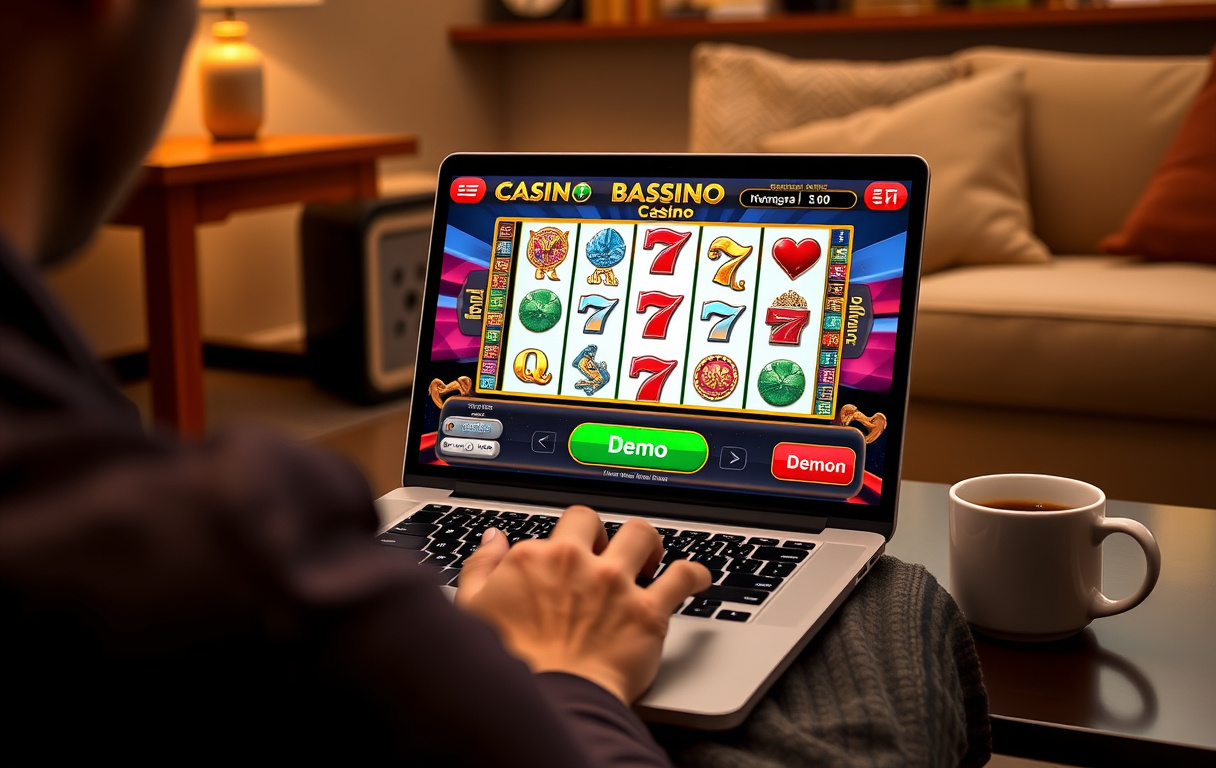 Person som spelar ett gratis casinospel på en laptop med virtuella credits och demo-knapp synlig.