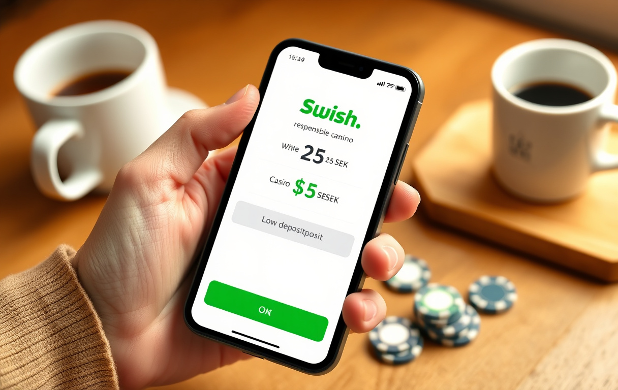 Person som använder Swish för att sätta in 25 kr på ett casino – fotorealistisk bild med mobil och casinobrickor på ett bord.