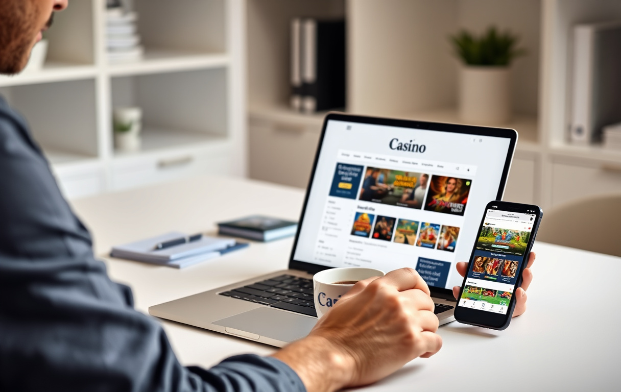 Person som sitter vid ett skrivbord och surfar på ett svenskt casinoforum på en laptop, med en kopp kaffe och en smartphone som visar en casinoapp.