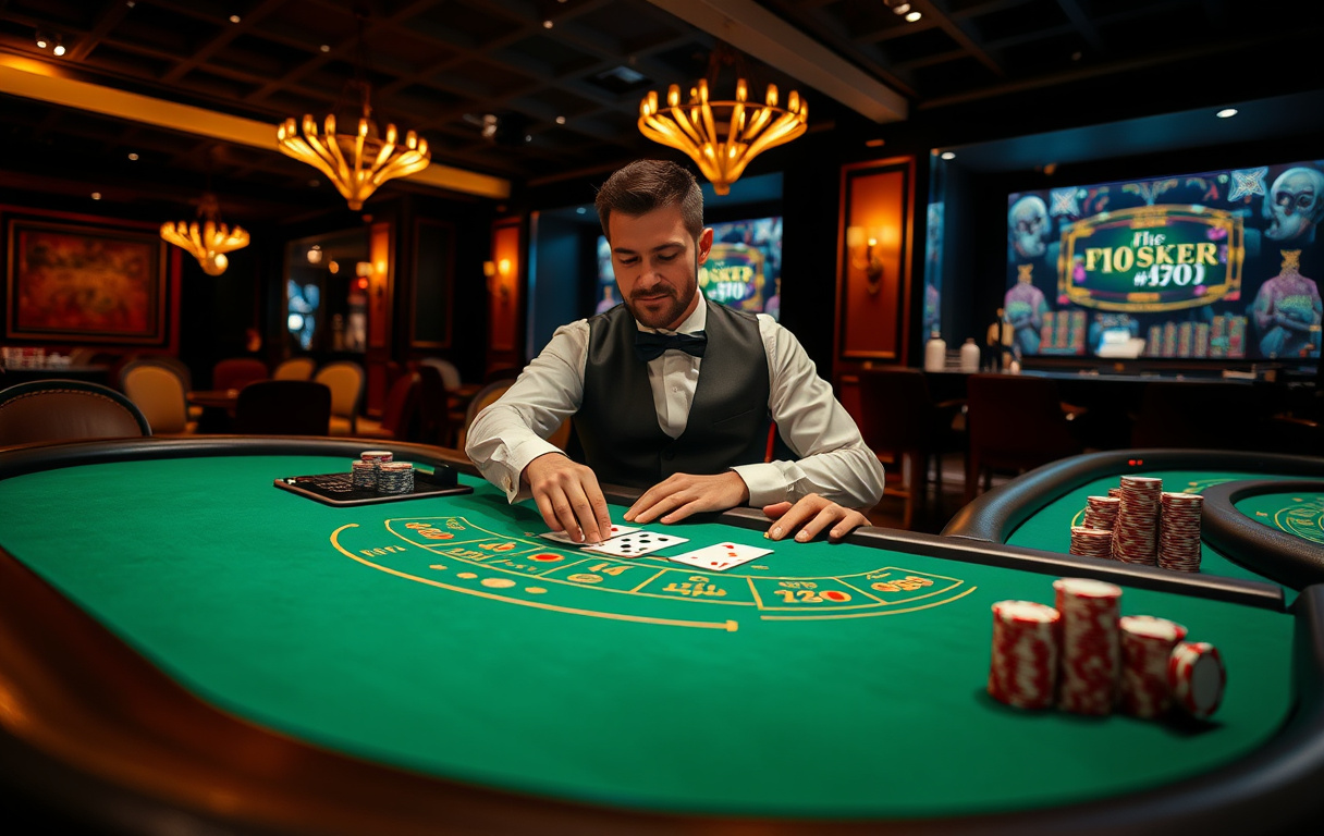 Croupier som dealar blackjack på ett landbaserat casino i Sverige.