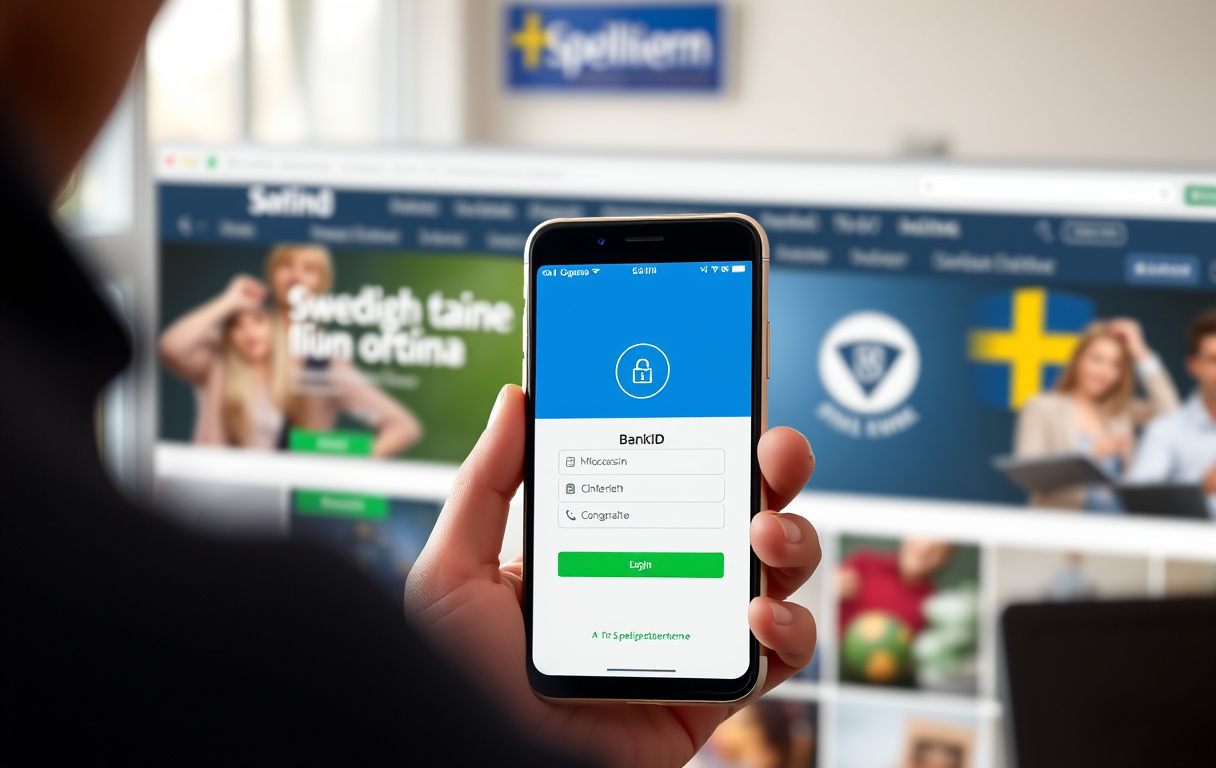Person med smartphone som visar BankID-inloggning på ett svenskt licensierat casino med Spelinspektionens logga synlig.