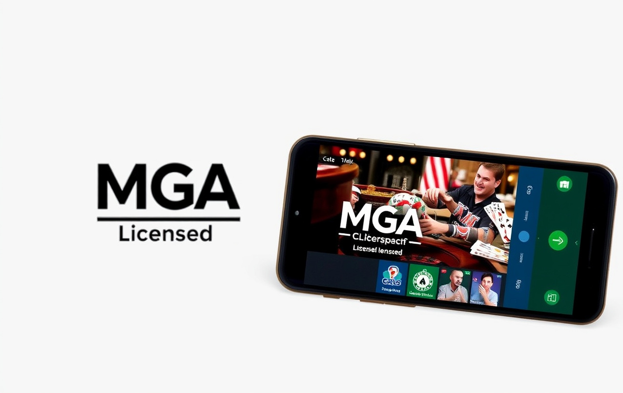 Mobiltelefon med MGA-licenslogotyp och texten MGA Licensed på en casinospelssida.