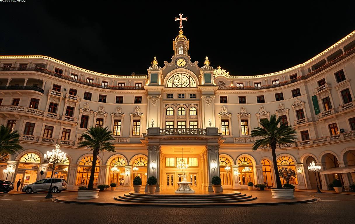 Casino de Monte-Carlo i Monaco, en ståtlig byggnad med fransk arkitektur, belyst på kvällen.