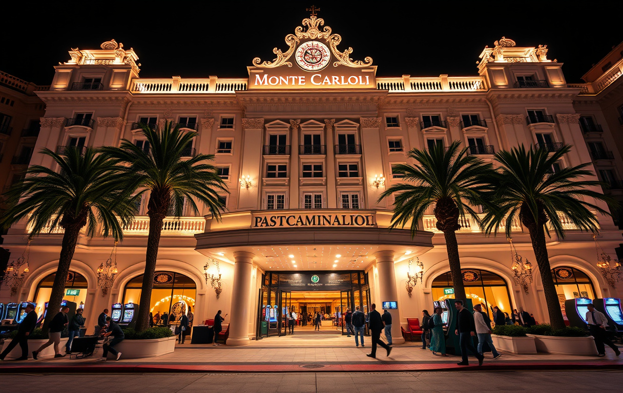 Monte Carlo Casino fasad på kvällen med ljusshow och palmer, besökare vid entrén, ingen spelande