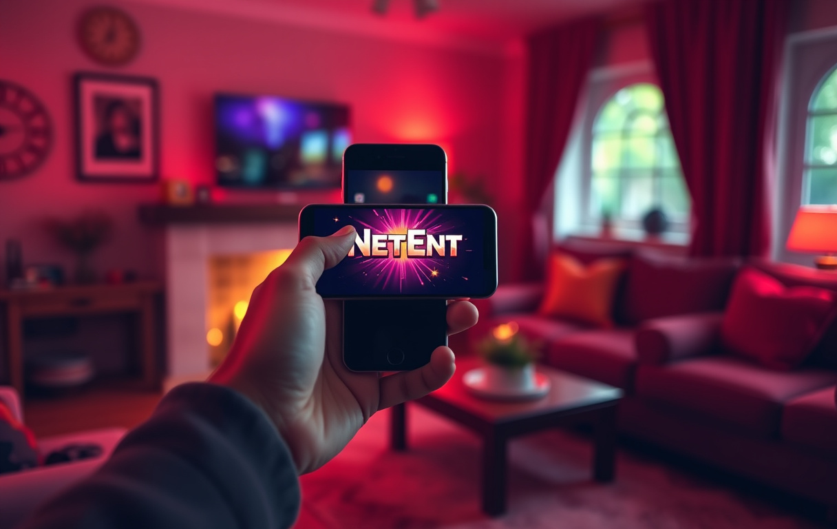 Person som spelar NetEnts Starburst på en mobiltelefon i vardagsrummet