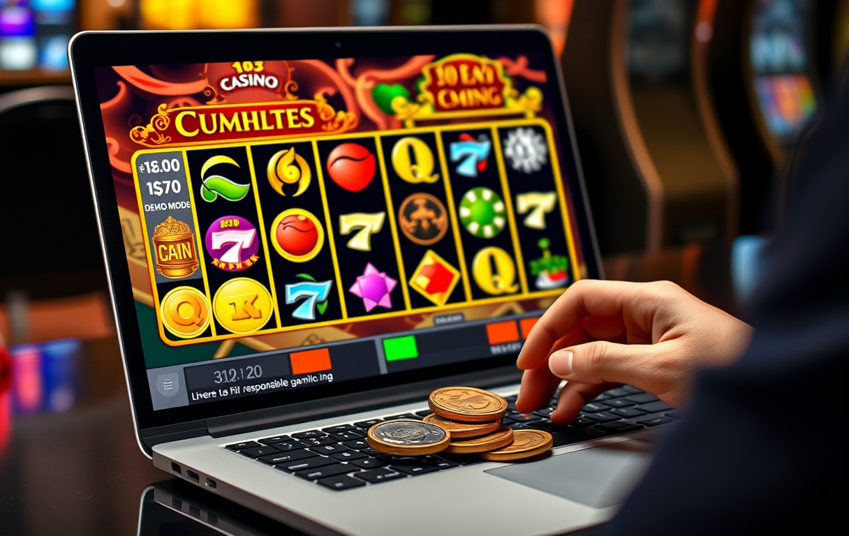 Person som spelar slots i demoläge på en bärbar dator med låtsasmynt och ansvarsfullt spelandebudskap.