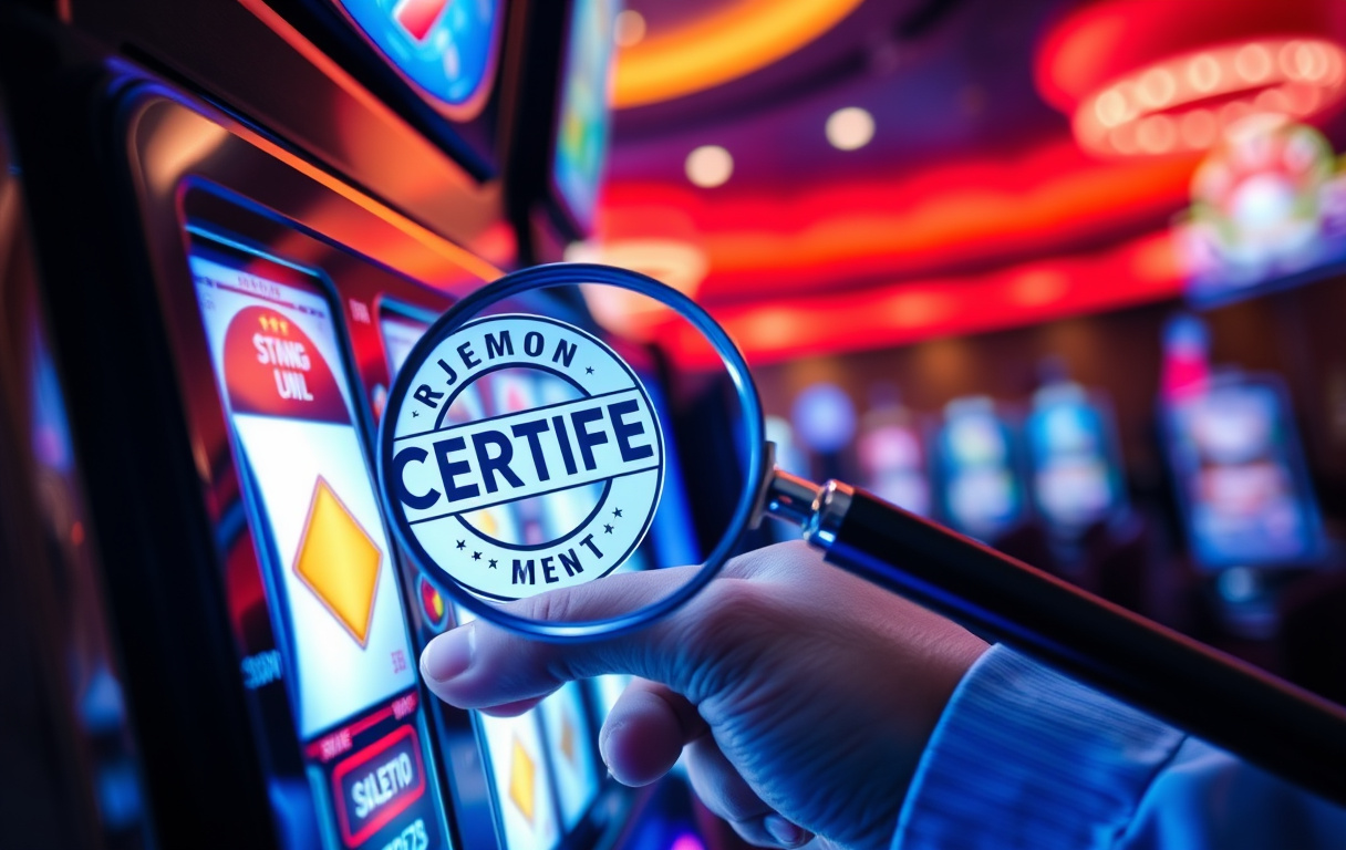 En hand trycker på en slotmaskinsskärm medan ett förstoringsglas visar en certifieringssymbol, casino i bakgrunden