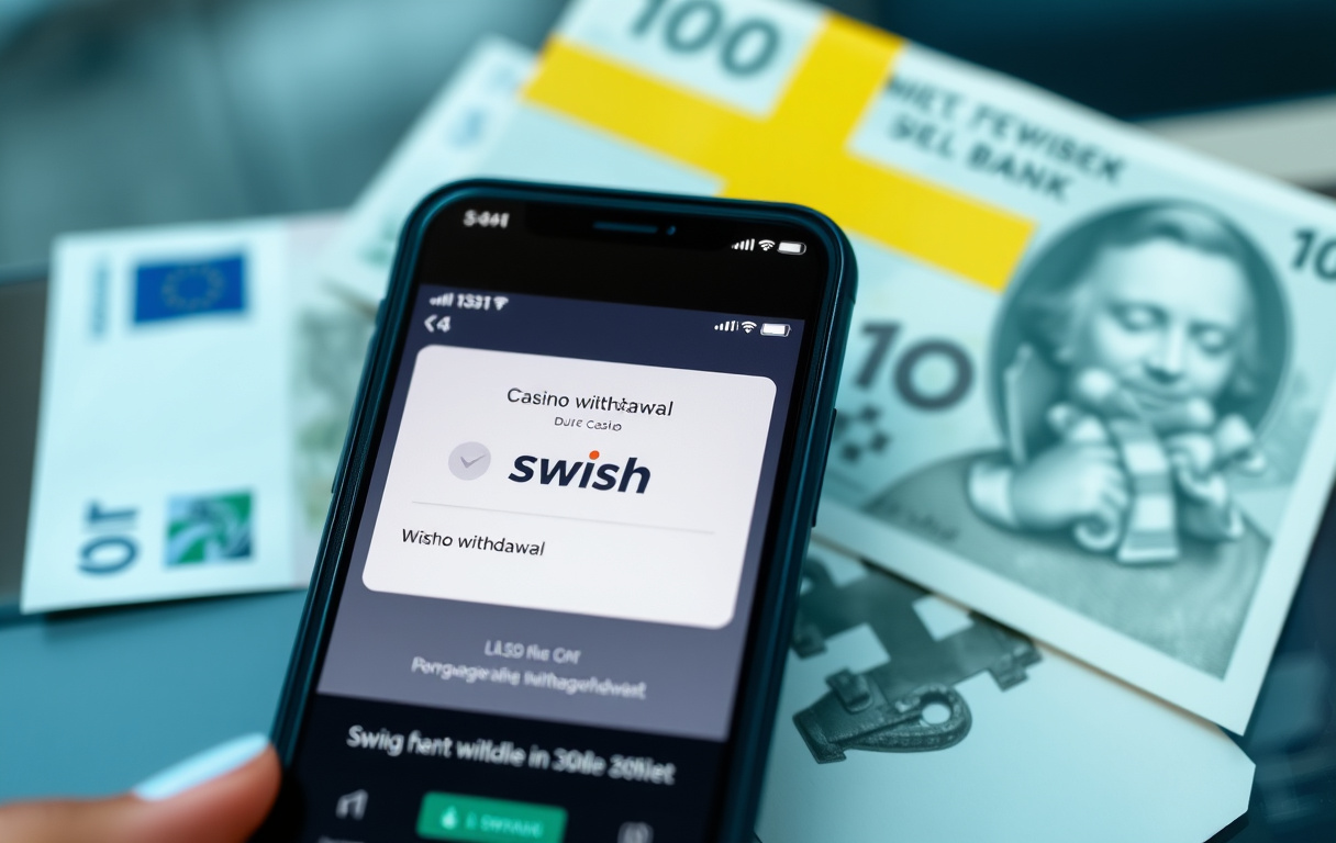 Smartphone med Swish-betalning och bekräftelse på casinouttag.
