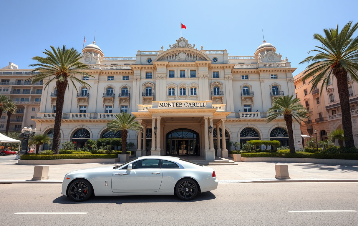 Casino de Monte-Carlo i Monte Carlo, Monaco, exteriör med palmträd och lyxbil.