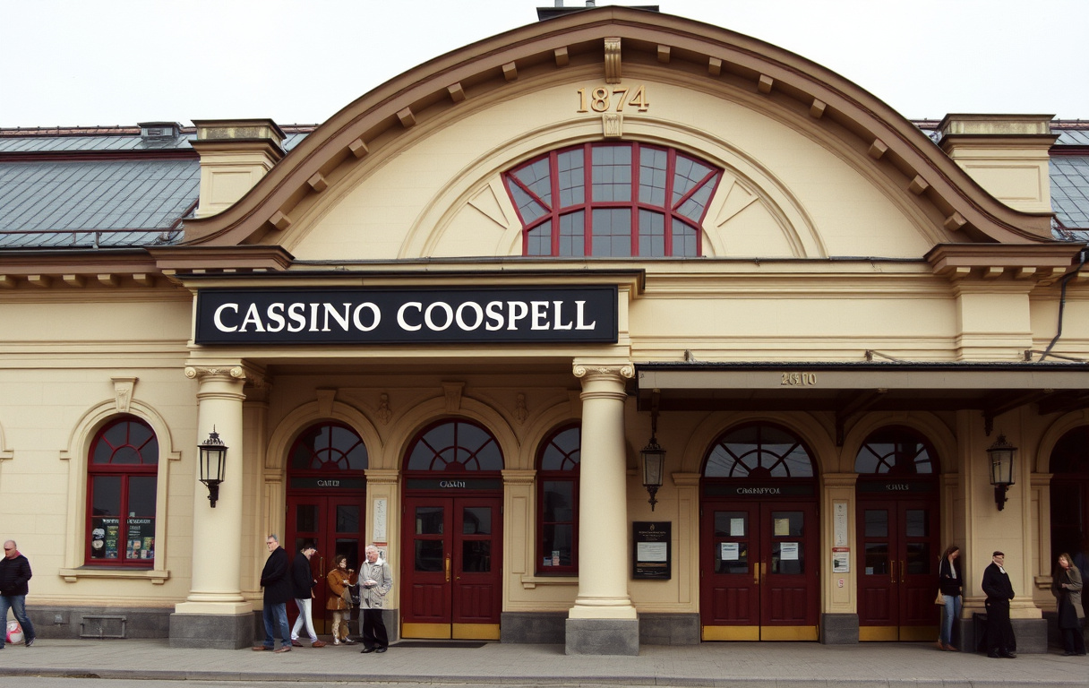 Exteriör av Casino Cosmopol i Sundsvall, beläget i den gamla centralstationsbyggnaden från 1874.