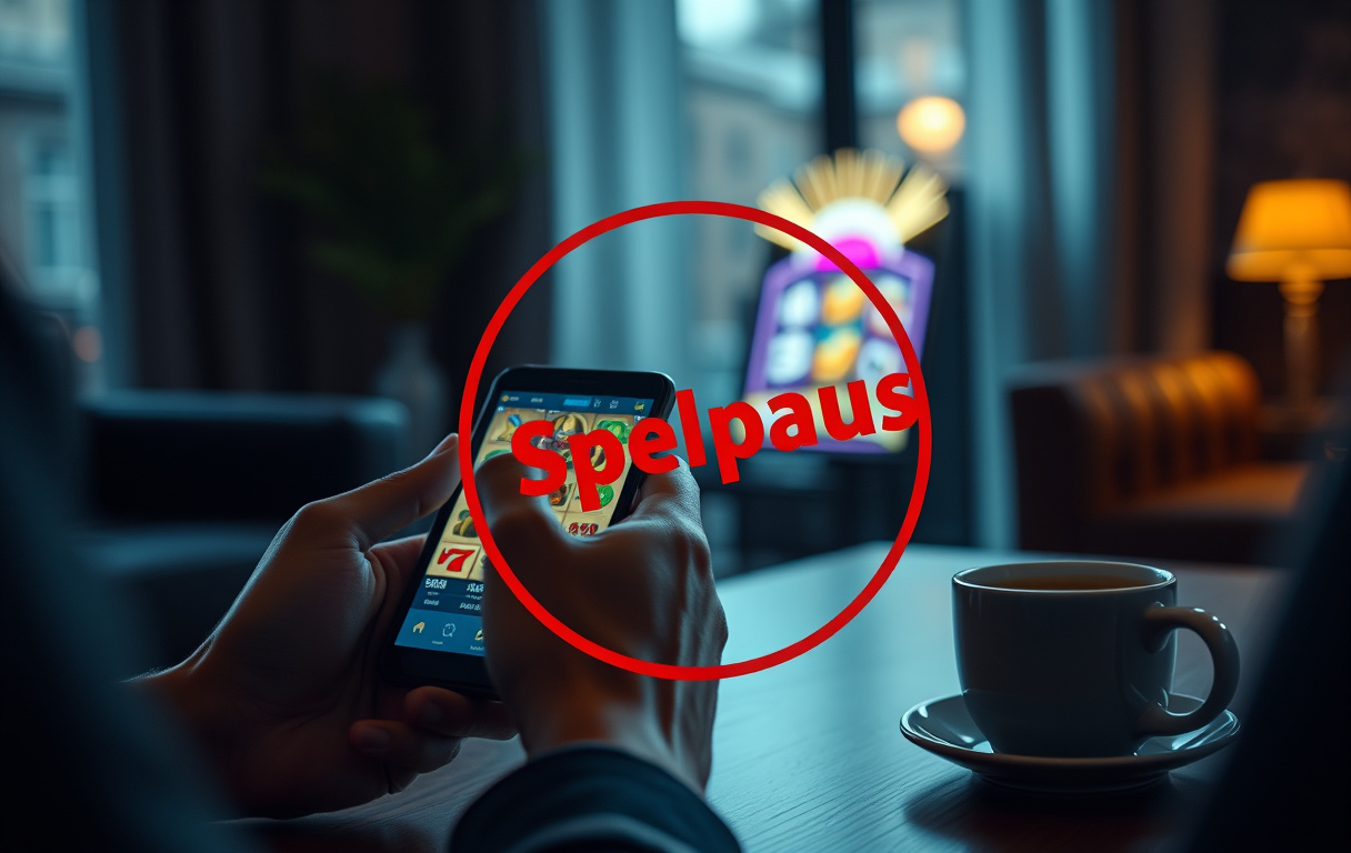 Person som spelar på mobil med varningssymbol för Spelpaus